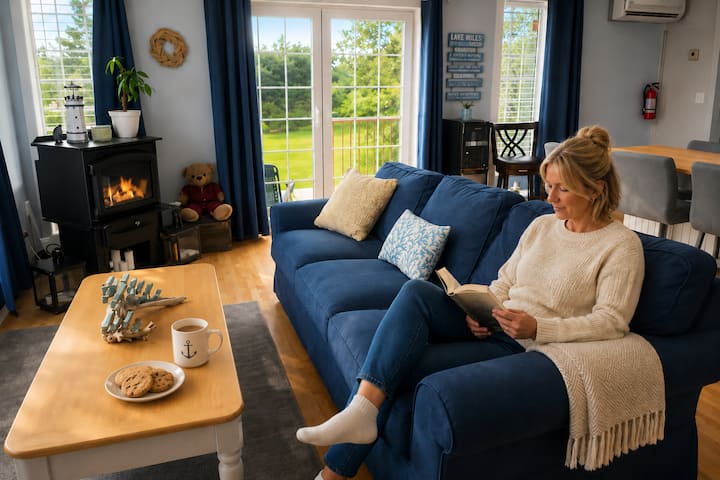Relax beside the fireplace with a coffee and good book while enjoying the comfort and charm of this bright coastal retreat.