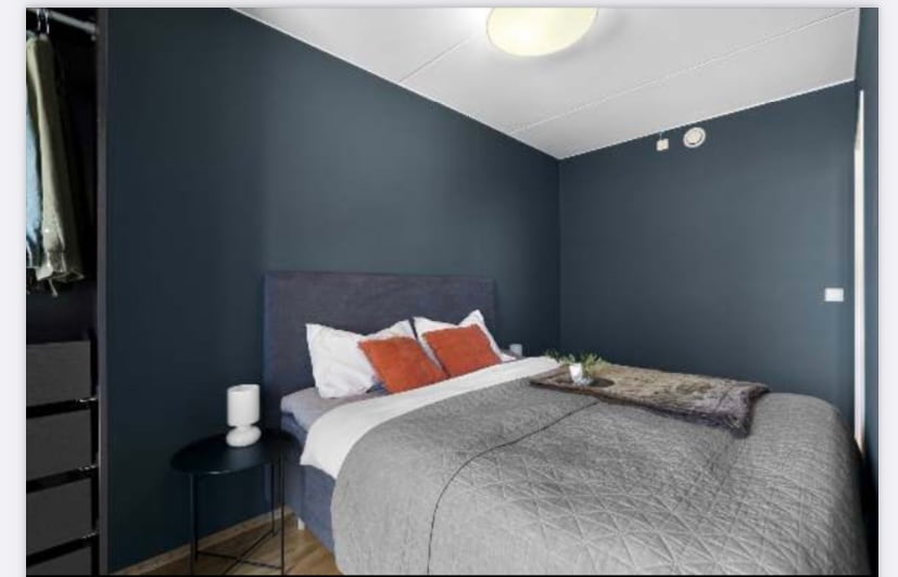 A compact bedroom features a spacious bed with white linens and accent pillows. A nightstand holds a lamp, while a wardrobe and dresser are visible in the background. The walls are painted a deep blue, creating a calming atmosphere.