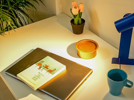 A modern workspace is shown with a closed laptop and a book placed on the desk. A small potted plant with pink flowers adds a touch of greenery. A blue mug and an orange tin are positioned nearby, accentuated by a warm light source that enhances the scene.