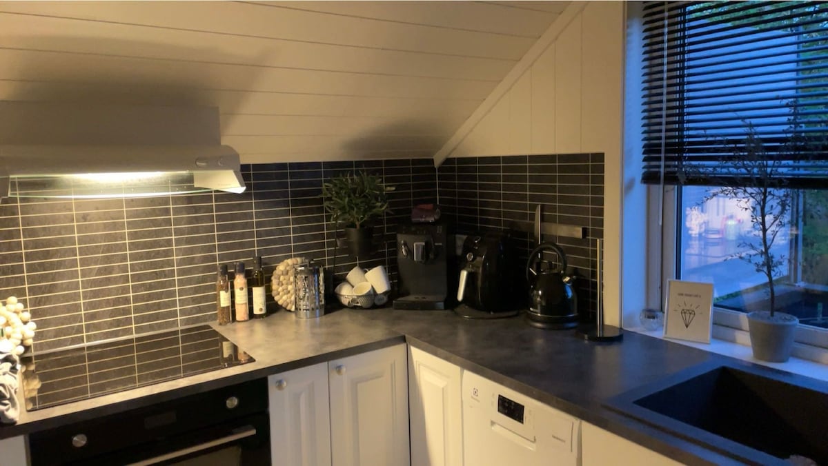 A modern kitchen area is presented with dark tiled walls, featuring essential appliances including a coffee maker and kettle. A sleek counter incorporates a stove and a sink. Light streams through a nearby window, highlighting decorative plants and organized condiments on the counter.