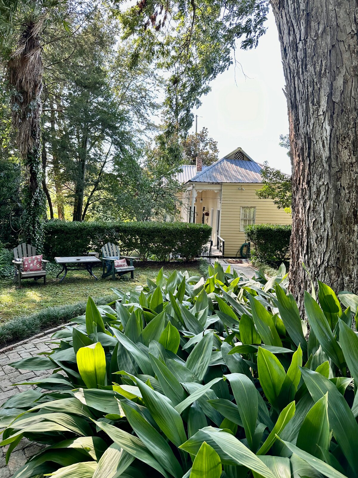 Lush green foliage frames the scene, with a view of the cottage in the distance. A natural stone pathway leads to an inviting outdoor seating area featuring two adirondack chairs and a small table, surrounded by manicured hedges and tall trees.