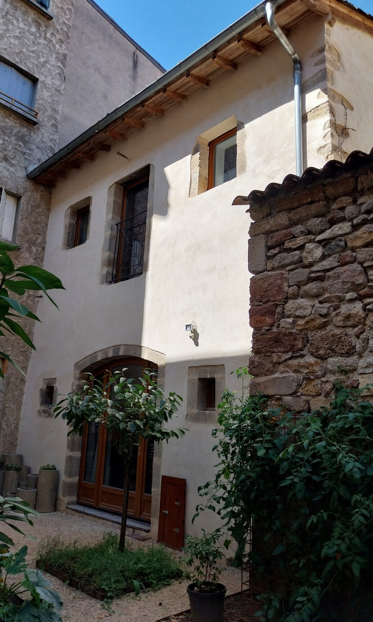 The exterior of the house is showcased with a blend of smooth plaster and stone walls. A pair of large, framed windows are visible, allowing natural light to enter. A small garden area with greenery is observed in the front, adding a touch of nature.