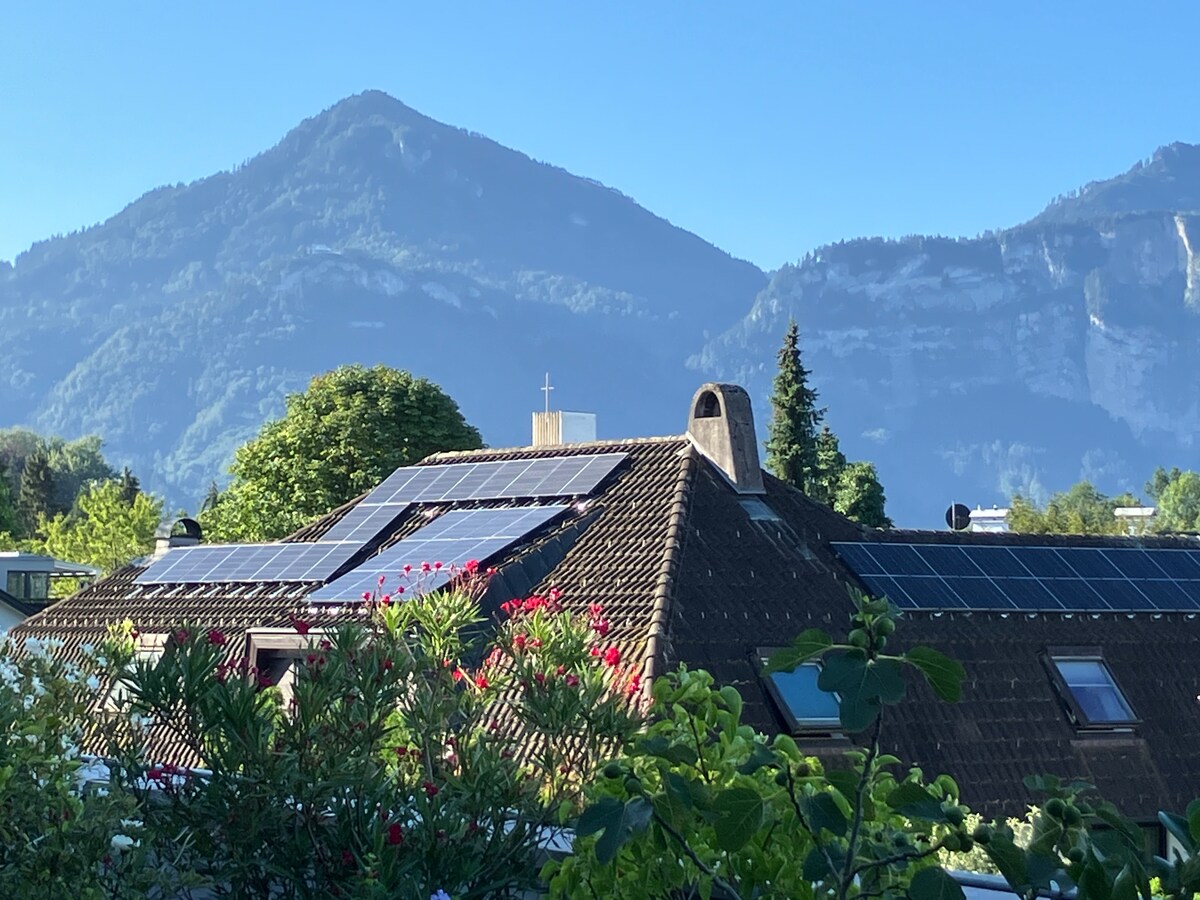 A scenic view of a mountain landscape is presented, with a residential roof featuring solar panels. Lush greenery and flowering plants are visible in the foreground, adding natural beauty to the serene backdrop of mountains and a clear blue sky.