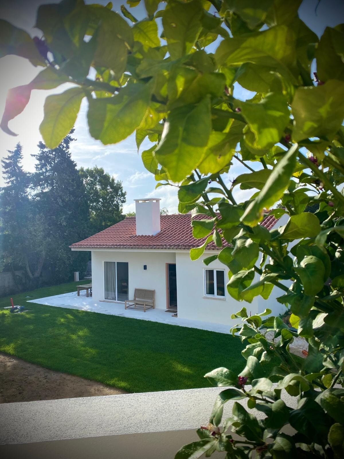 The exterior of a modern white house is visible, framed by lush green foliage. A spacious patio features a seating area, and large glass doors provide views into the interior. A well-maintained lawn surrounds the house, enhancing the peaceful setting.