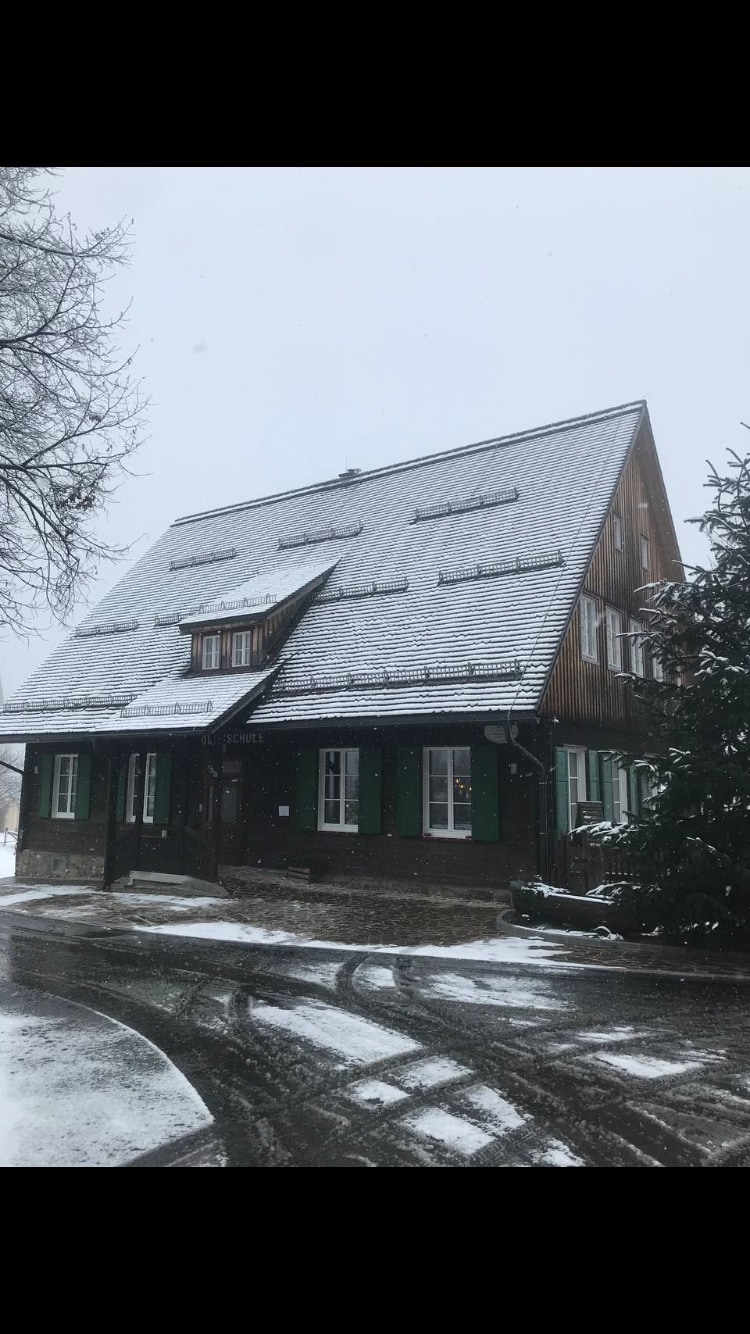 A charming two-story wooden house is depicted, featuring a sloped roof covered in snow. Green shutters accent the windows, which are framed by a snowy landscape. Surrounding trees add to the serene winter setting.