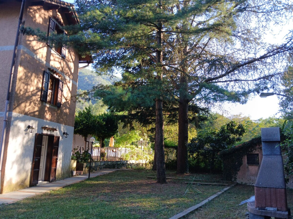 A well-maintained garden features a grassy area with a large tree providing shade. The two-story building is visible, showcasing exterior wooden doors. A stone barbecue grill is located to the right, framed by natural greenery and distant hills beyond.