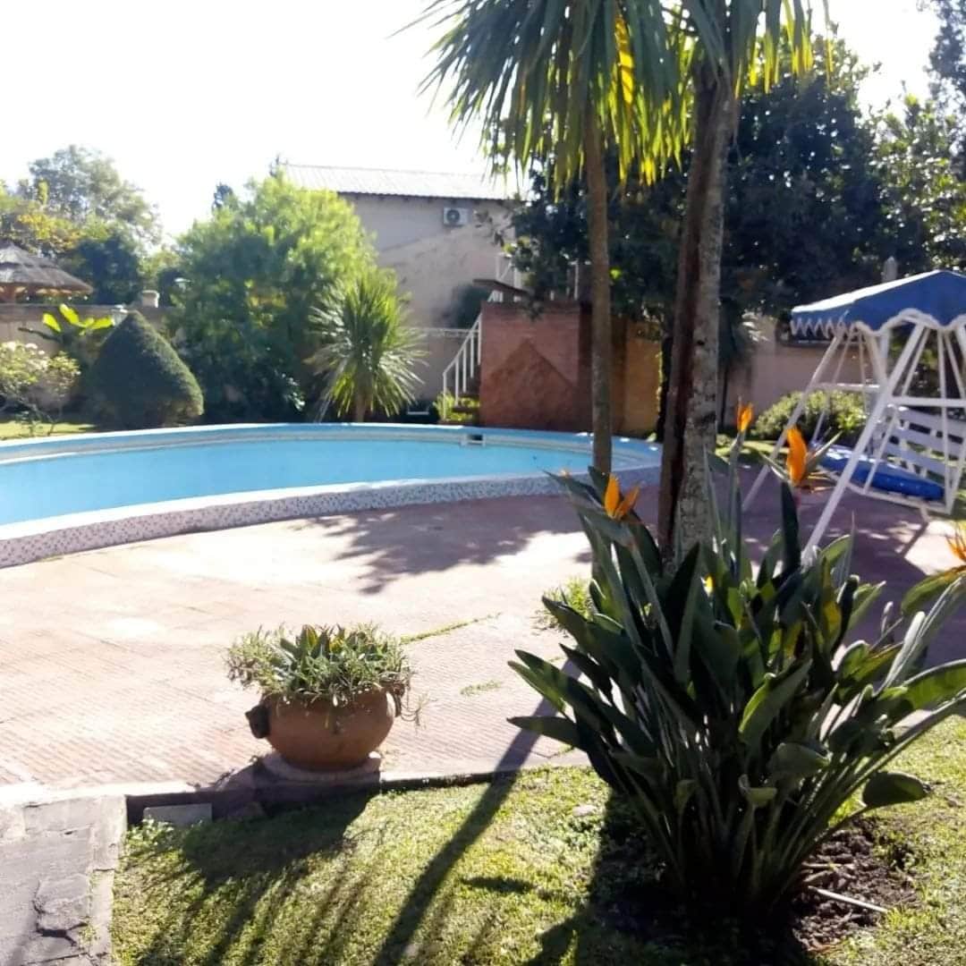 A serene outdoor area surrounds a curved swimming pool, bordered by lush greenery. Tropical plants with vibrant orange flowers are positioned near the poolside, along with carefully maintained grass. A swing set can be seen in the background against a backdrop of trees and hedges.