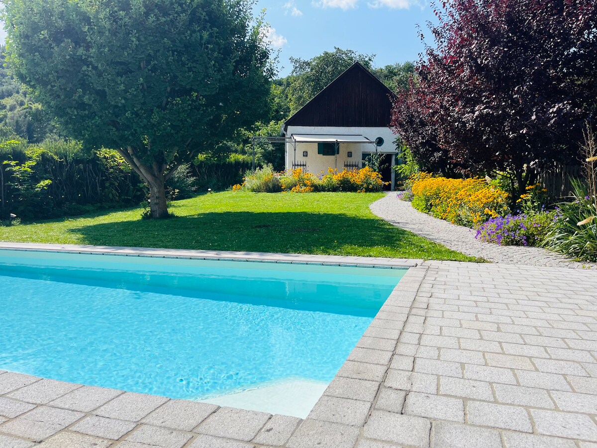 A serene outdoor scene captures a bright swimming pool bordered by a paved area. Lush greenery and colorful flower beds surround the pool, while a charming house and trees are visible in the background, complemented by a clear blue sky.