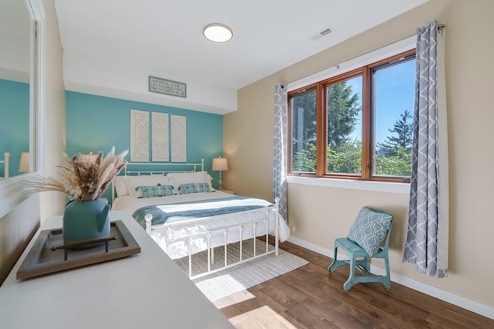 large bedroom with new Queen bed and extra space.  Pack and play included in the closet.