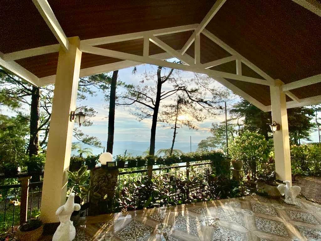 A spacious outdoor patio is adorned with lush greenery and decorative plants, offering a view of the distant mountains. Natural light filters through the wooden roof beams, creating a serene atmosphere. Stylish seating and sculptural elements enhance the inviting outdoor space.