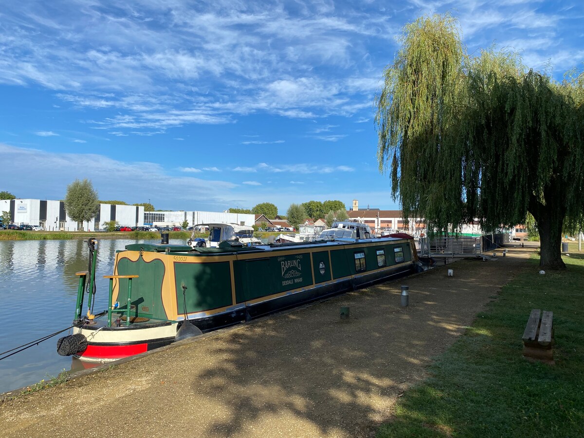 An authentic English houseboat is moored beside a calm waterway, surrounded by lush greenery and trees. The boat features a classic design with green and gold accents. The area has a grassy bank and a tranquil atmosphere, ideal for relaxation.