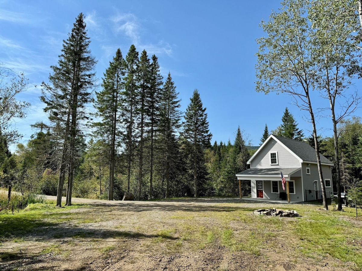 A new mountain cabin stands amidst a clearing, surrounded by tall trees that create a natural backdrop. The exterior displays a light-colored facade with red accents. A gravel area in front offers space for outdoor activities, complemented by a fire pit surrounded by stones.