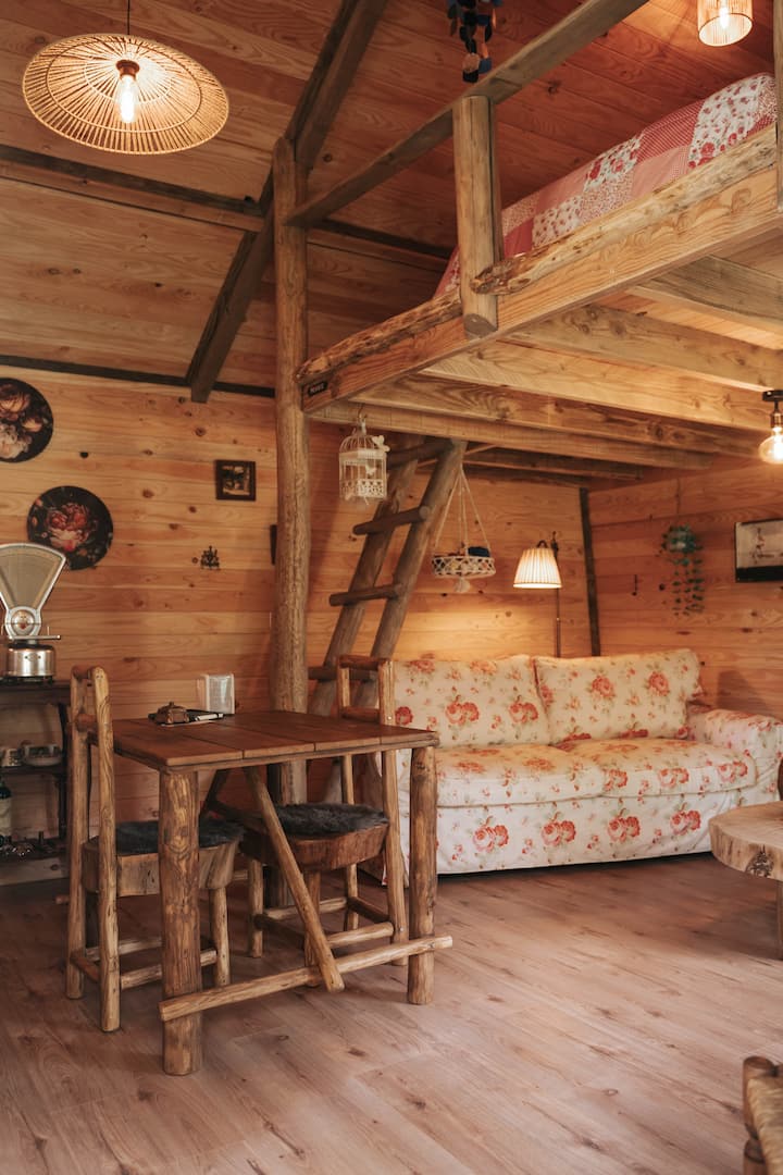 ხის სახლი: ორადგილიანი გასაშლელი დივანი პირველ სართულზე და ორადგილიანი საწოლი ზედა სართულზე (კიბით)
