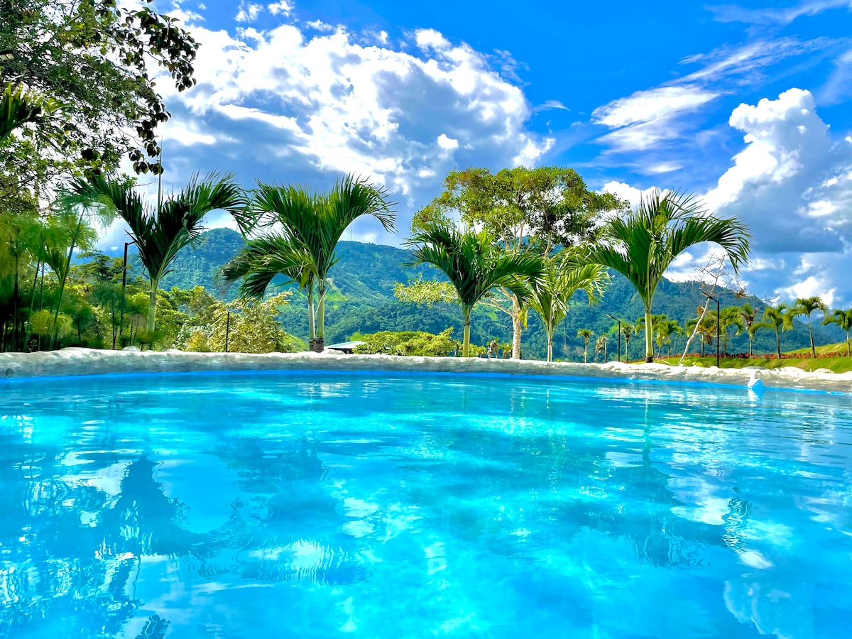 A serene swimming pool is surrounded by lush greenery and palm trees, with mountains visible in the background. The clear, blue water reflects the bright sky, creating a calming and inviting atmosphere.