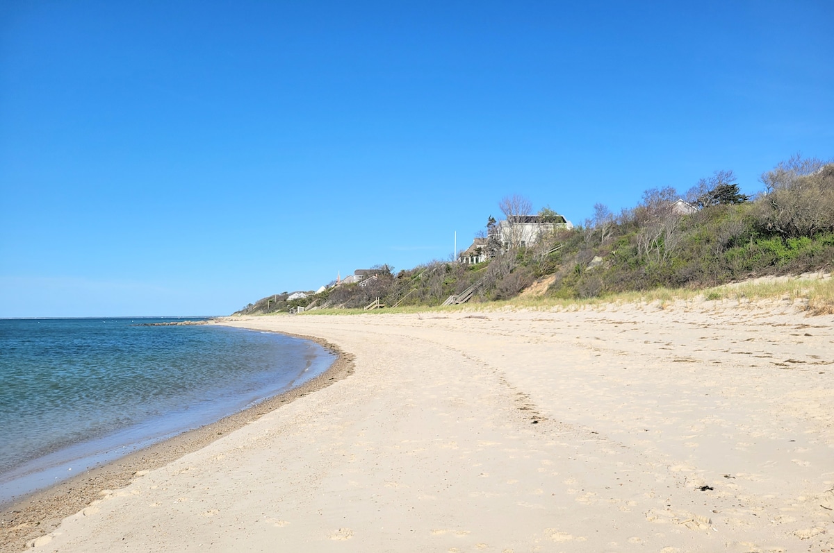 A sandy beach stretches along the coast under a clear blue sky, with gentle waves lapping at the shore. Lush greenery and homes can be seen on the hillside, providing a tranquil backdrop to the pristine shoreline.