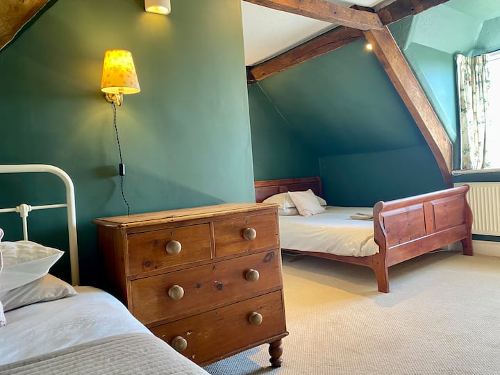 Twin room with double bed against the wall and single bed. En-suite attached.