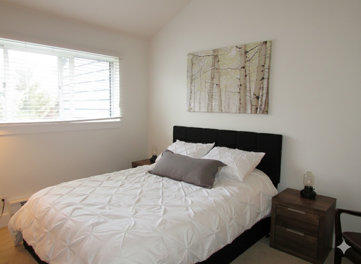 Queen bed with drawers, a private closet for storage, and private bathroom en suite. 