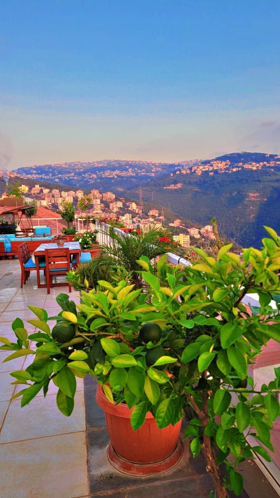 An outdoor terrace is adorned with potted greenery, showcasing vibrant citrus plants. Dining tables and chairs are arranged for family gatherings, with scenic views of the mountains and distant buildings visible in the background. The clear sky enhances the tranquil atmosphere.