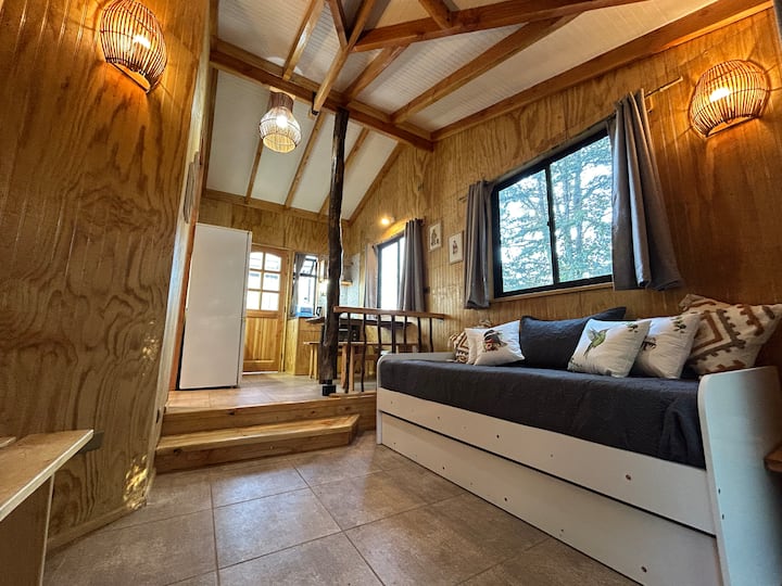 Dnevni boravak s naslonjačem nido: gornji i donji krevet. Pogled na autohtonu šumu Villarrice. Izađite na vanjsku terasu.