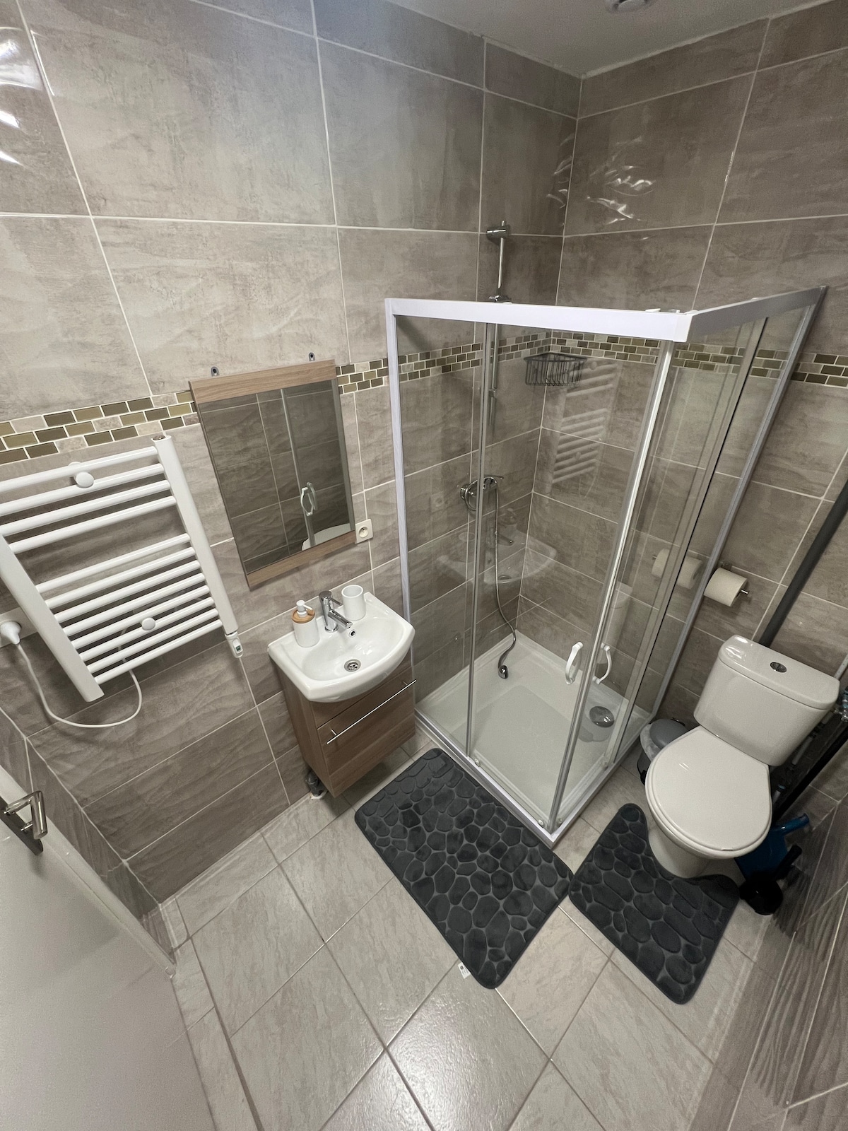 A modern bathroom features a glass shower enclosure, elegant tile walls in neutral tones, and a small vanity with a sink. A heated towel rack is mounted on the wall, and two textured mats are placed on the floor near the shower and toilet.