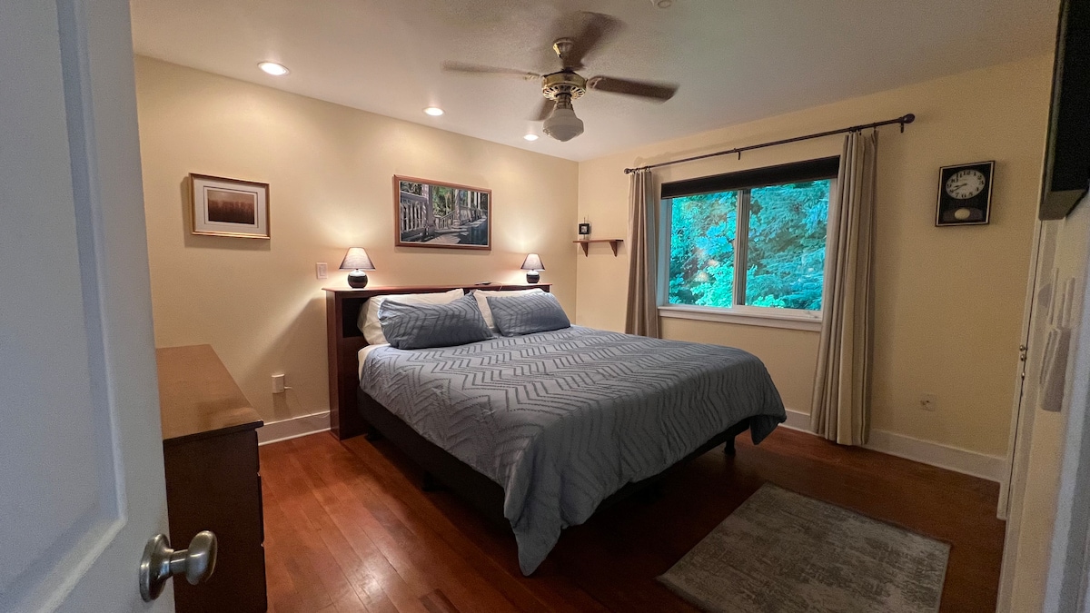 Veľká manželská posteľ (vyberte si pevnosť/mäkkosť), zatemňovacie závesy, veľká skriňa, stropný ventilátor, recyklované/ručne dokončené pôvodné podlahy. Okno sa otvára do bohatých lesných stromov. 