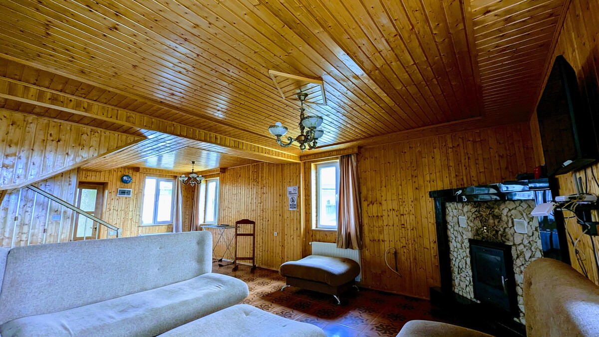 A spacious living area features wooden paneling and a cozy seating arrangement, including two light-colored sofas and an upholstered chaise lounge. A decorative fireplace with a stone surround complements the warm atmosphere. Natural light filters in through multiple windows, enhancing the inviting charm.