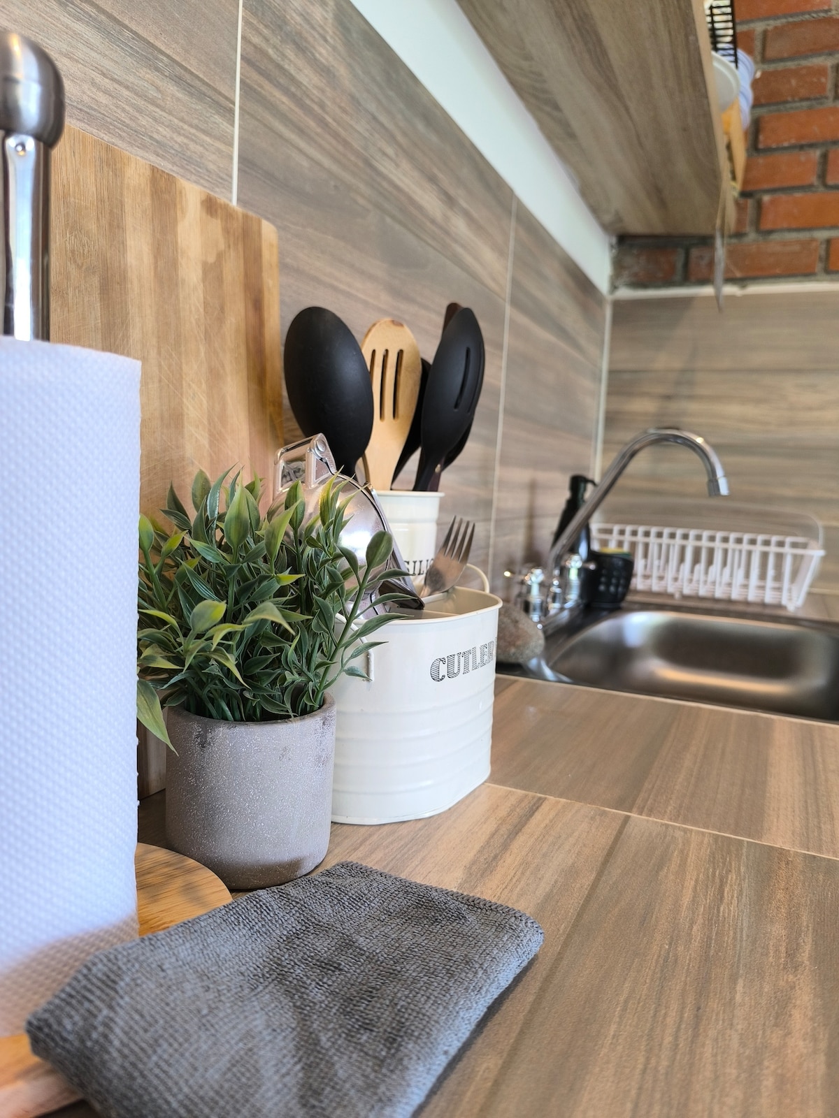 A well-organized kitchen space features wooden cutting boards and cooking utensils on display. A small potted plant adds a touch of greenery. Essential items, such as a dish drying rack and a sink, are visible, showcasing a functional cooking environment.