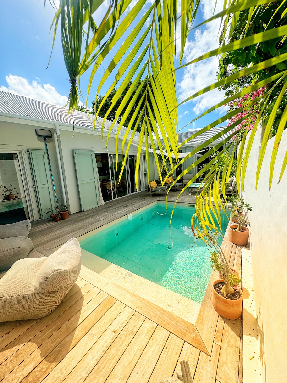 A serene outdoor space features a turquoise pool surrounded by a wooden deck. Plush seating areas are located nearby, while tropical plants and palm fronds provide a lush backdrop. Sunlight casts a warm glow over the scene, creating a peaceful environment for relaxation.