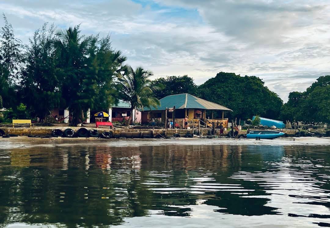 A charming building sits along the waterfront, featuring a thatched roof and wooden deck. Surrounding palm trees provide a natural backdrop, while the calm water reflects the structure and vegetation. A small boat is visible near the shore, enhancing the peaceful riverside scene.