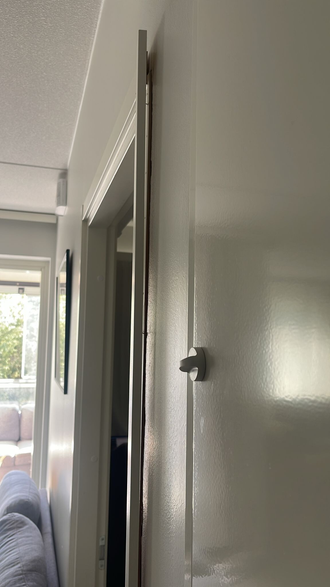 A door frame is visible on the left side, leading to a softly lit interior space. The door features a simple gray handle and smooth white paint, blending with the neutral walls. A glimpse of a sunny living area can be seen through the open doorway.
