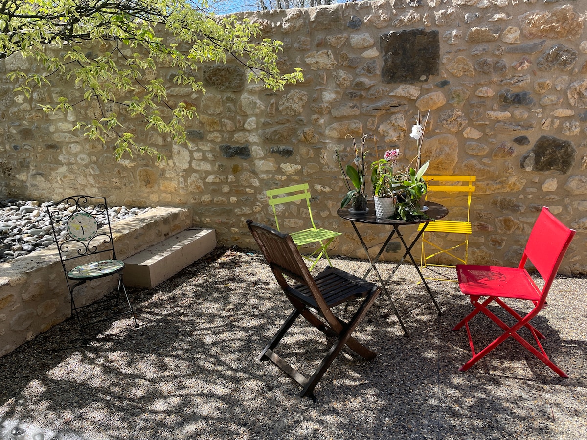 A charming outdoor seating area is presented, featuring a round table surrounded by four eclectic chairs in vibrant colors: red, yellow, and natural wood. A small assortment of potted plants sits atop the table, with a stone wall providing a textured backdrop. Dappled sunlight filters through nearby foliage.