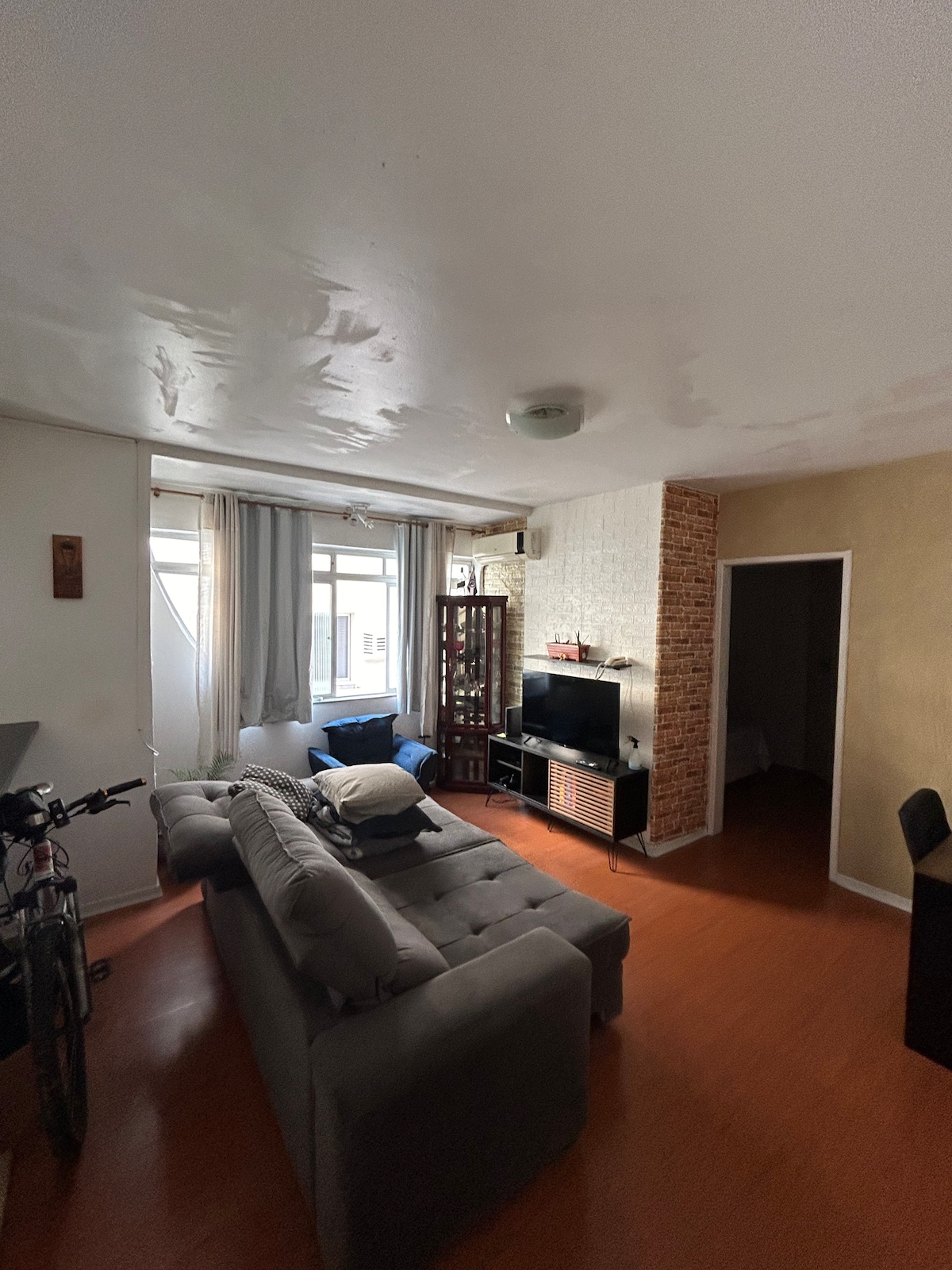 A living area is featured with a gray sofa facing a black media console. Light enters through the large windows adorned with sheer curtains. A decorative room divider stands to the side, while a door leads to another room, enhancing the comfortable layout.