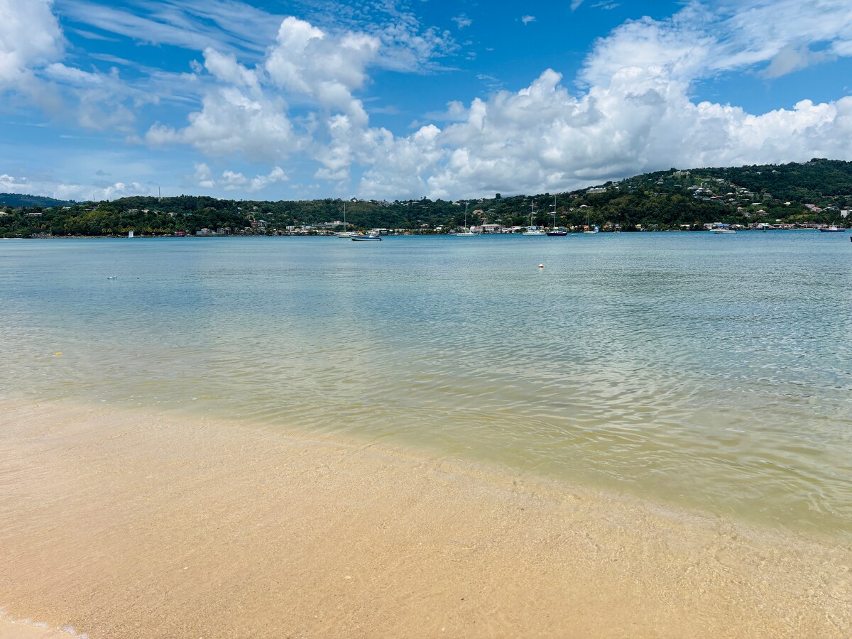 A tranquil beach scene features soft, golden sand meeting calm, clear waters. Gentle waves create ripples under a blue sky adorned with fluffy white clouds. Lush greenery lines the distant shore, contributing to a serene coastal atmosphere.