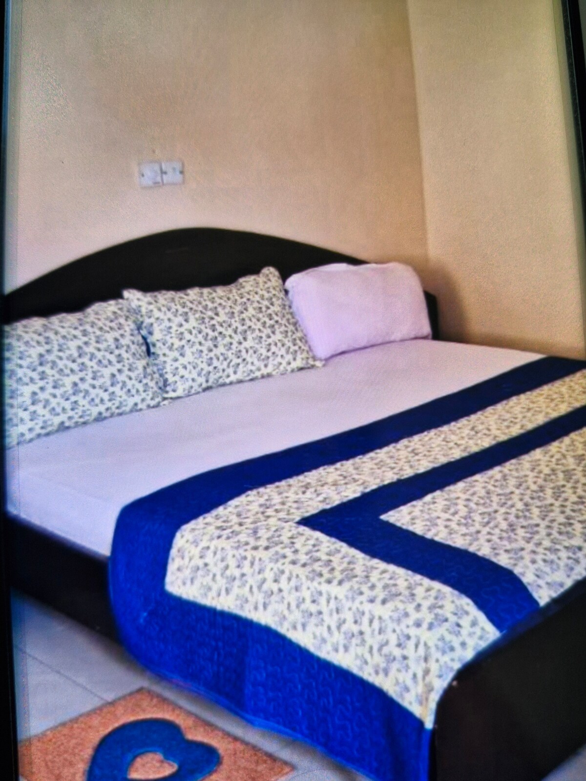 A spacious bed is dressed in a patterned blue and white coverlet, complemented by decorative pillows. The light-colored walls provide a neutral backdrop, and a colorful rug is positioned in front of the bed, adding warmth to the space.