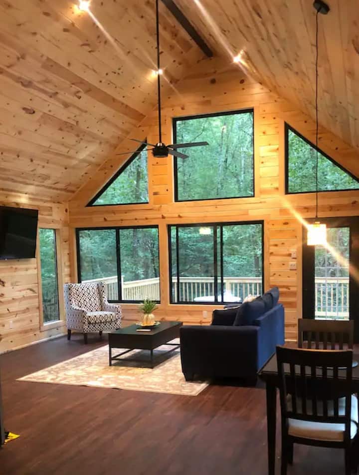 Tani za mwangaza wa asili wenye mwonekano wa miti pekee. 65" TV na queen sleeper sofa. 