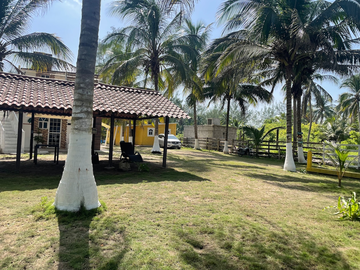 A spacious outdoor area is surrounded by palm trees, providing ample shade. A charming palapa with a thatched roof stands in the foreground, while the villa is visible in the background. The grassy landscape is well-maintained, enhancing the serene atmosphere of the space.