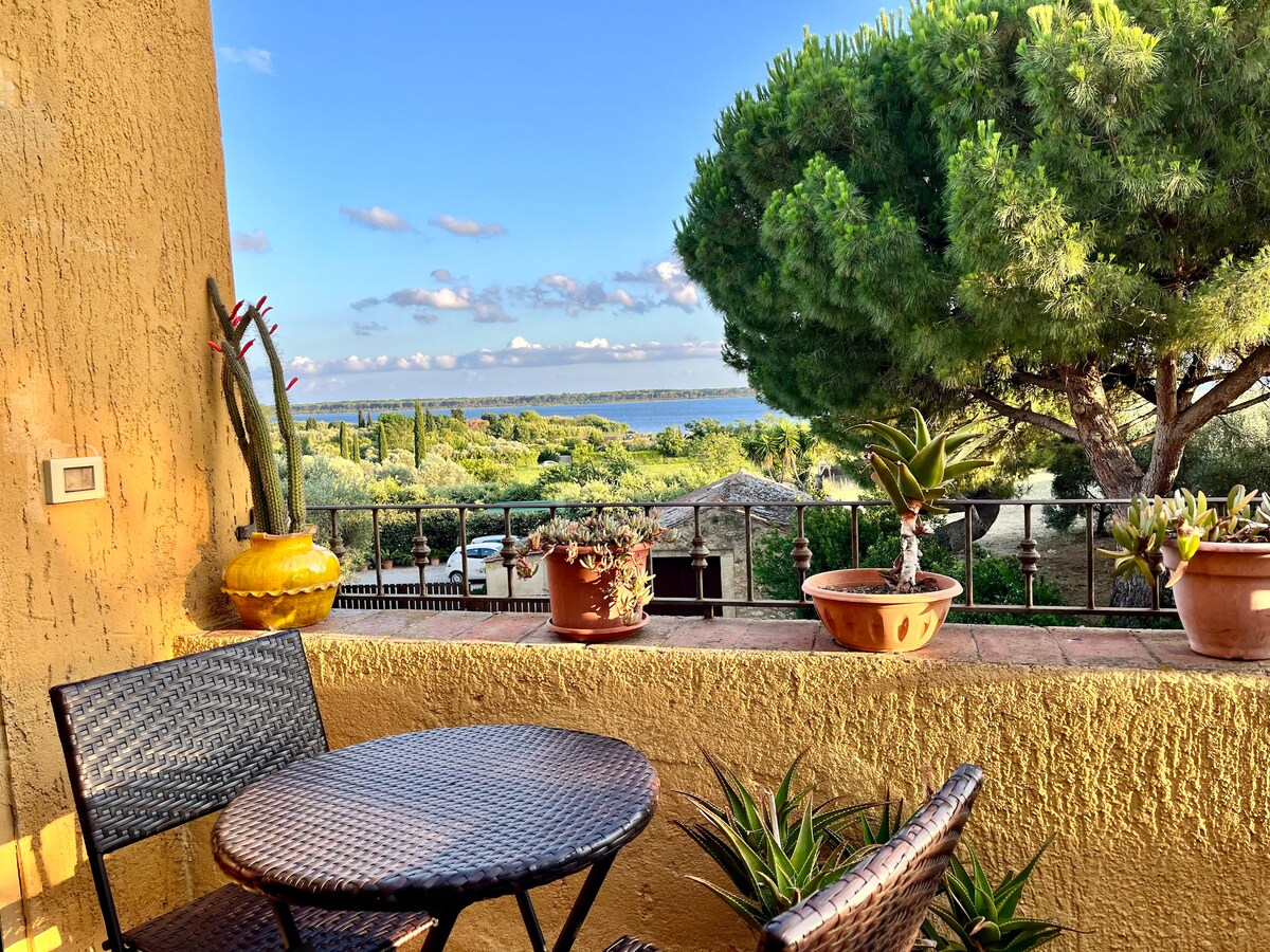 A terrace area is visible, featuring a round table with two woven chairs. Potted plants and cacti are arranged along the railing, while the backdrop displays a serene view of the lagoon and surrounding greenery under a blue sky.