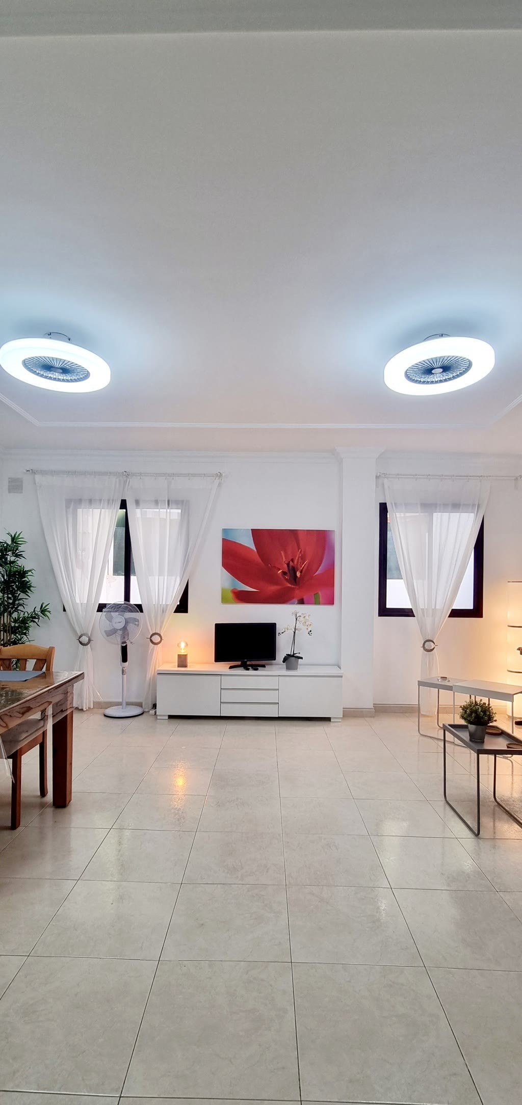 The living area features modern lighting fixtures and a vibrant floral artwork, complemented by a sleek television stand and a wooden dining table. Natural light enters through large windows adorned with sheer curtains, while plants add a touch of greenery to the space.