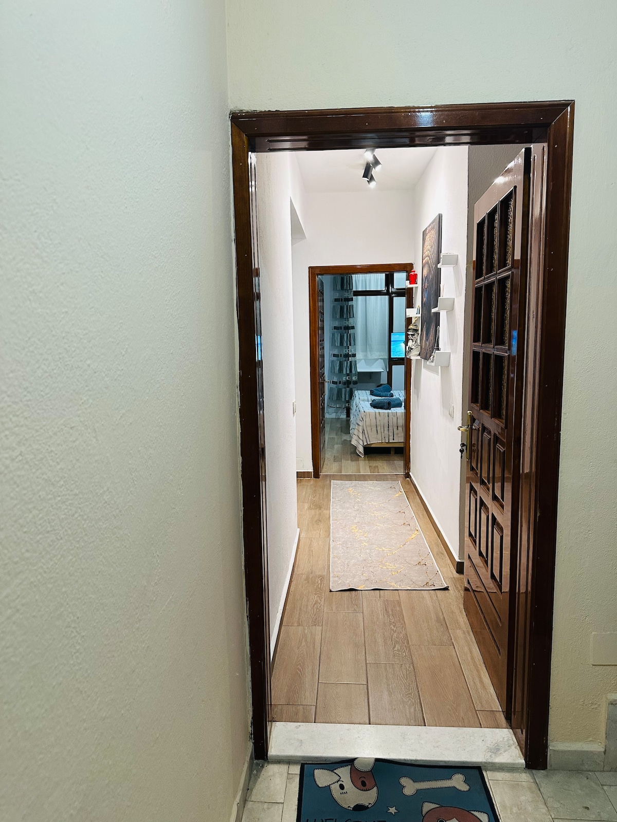 A view of a hallway leading to an inviting living space. The entrance is framed by a wooden door, and calming light filters through to the room beyond. A colorful rug with a playful design is visible on the floor, adding a welcoming touch.