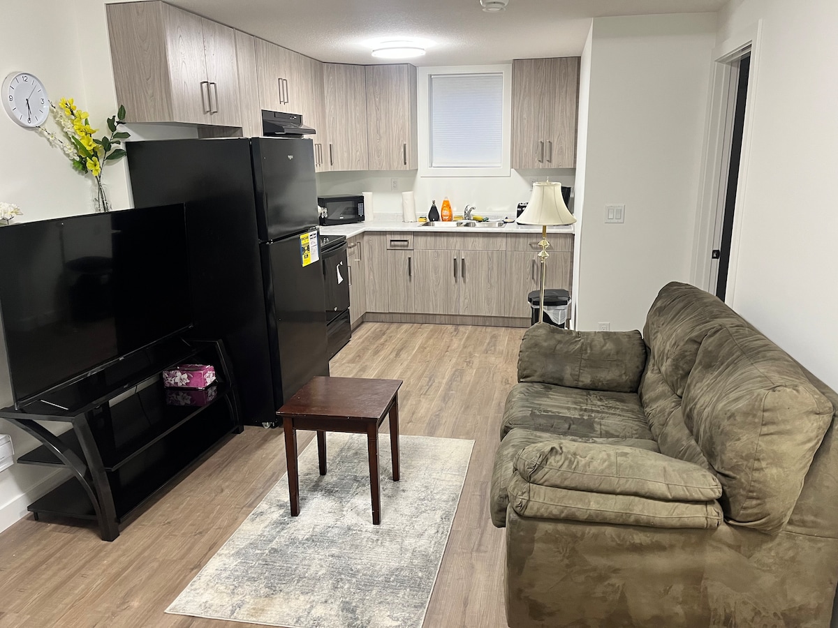An open-concept living area is displayed, featuring a cozy couch and a small wooden table. Modern kitchen cabinetry complements the black appliances, including a refrigerator and stove. A light-colored rug is positioned on the floor, adding warmth to the space.