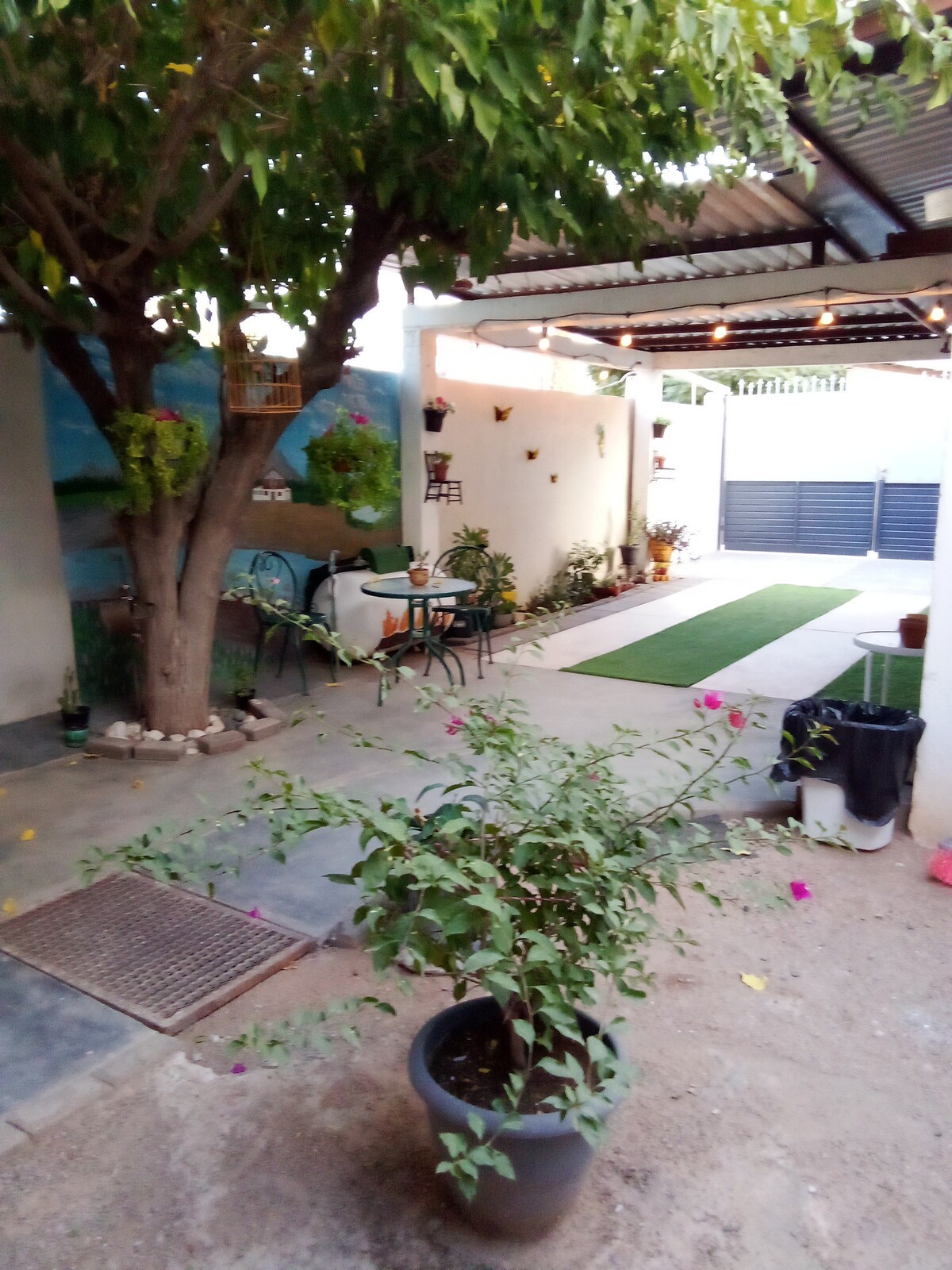 An outdoor space is presented, featuring a tree providing shade over a small seating area with two chairs and a table. Potted plants and hanging decorations add greenery, while a pathway leads to a gated area. The wall is adorned with a mural, promoting a peaceful ambiance.