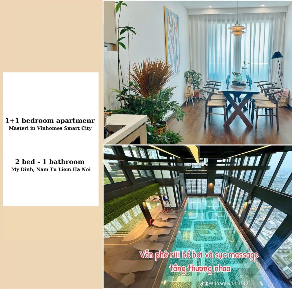 This image features a modern living area with natural light flowing through large windows. A dining table is set for four, surrounded by greenery. A rooftop pool is also visible, lined with lounge chairs and offering views of the city skyline.