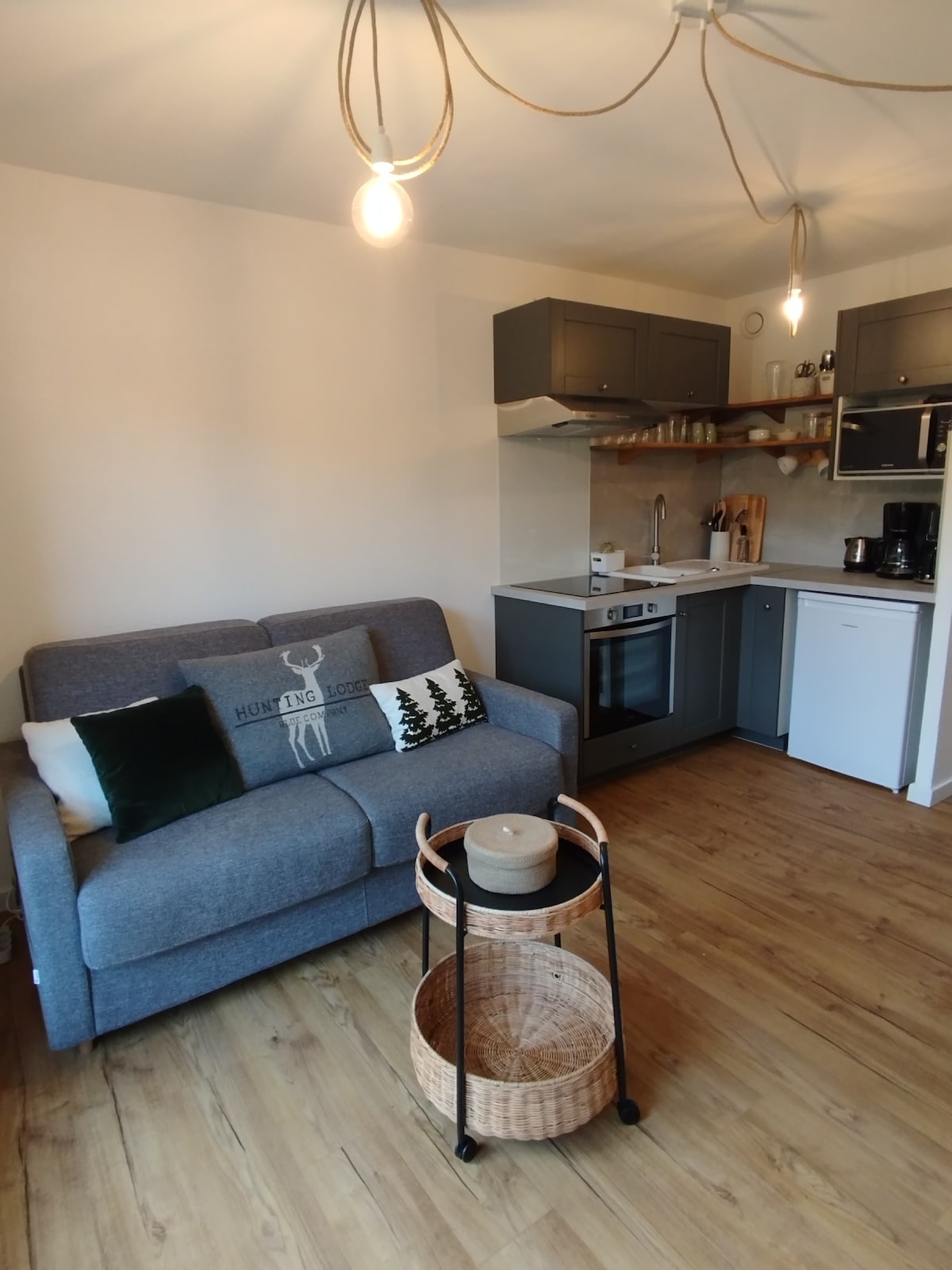 A modern living space features a cozy gray sofa with decorative pillows, complemented by a wooden coffee table on wheels. An equipped kitchen area, with grey cabinets and wooden shelves, is visible in the background, showcasing various kitchen appliances and utensils.