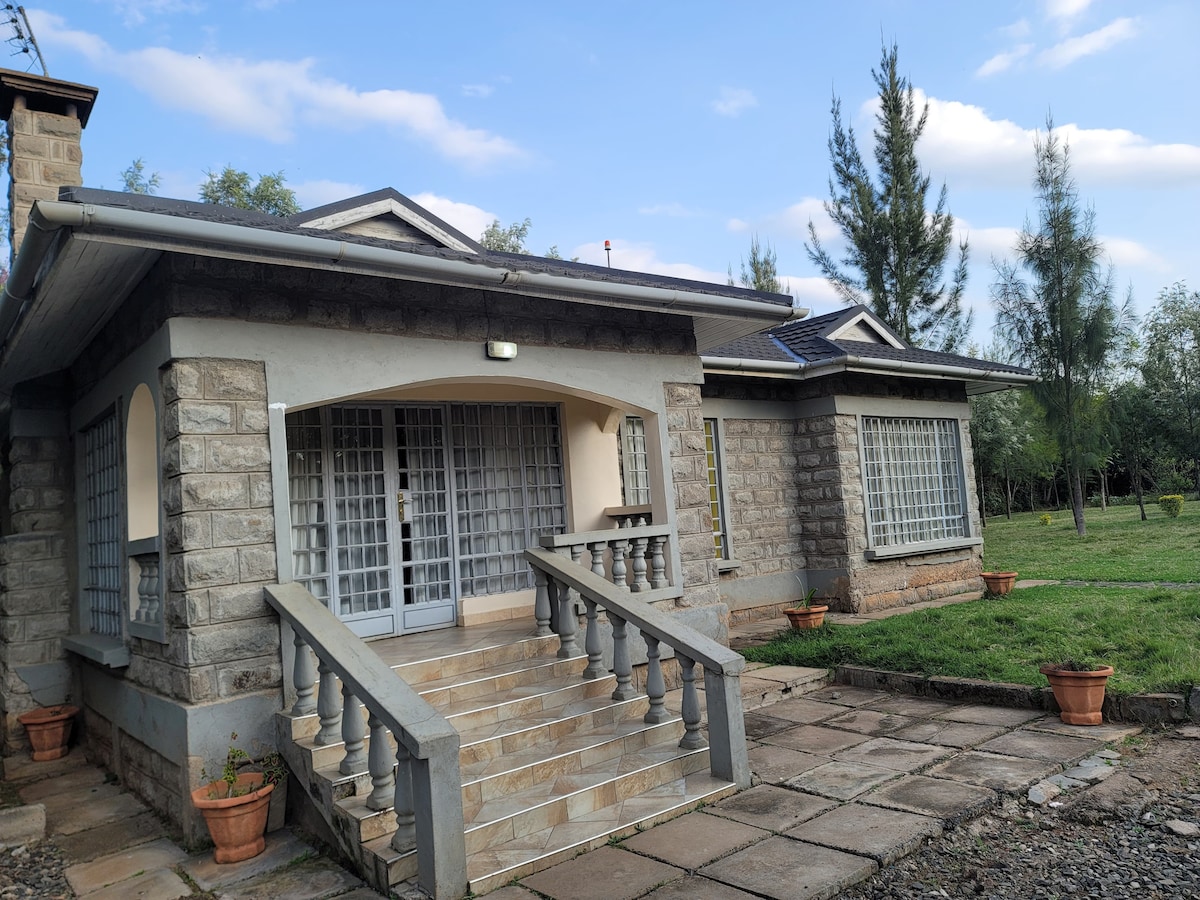 The exterior of a modern home features a stone façade with large windows and multiple entry points. A set of stairs leads to a covered porch, surrounded by well-maintained landscaping and potted plants. A gentle expanse of grass extends beyond the house.