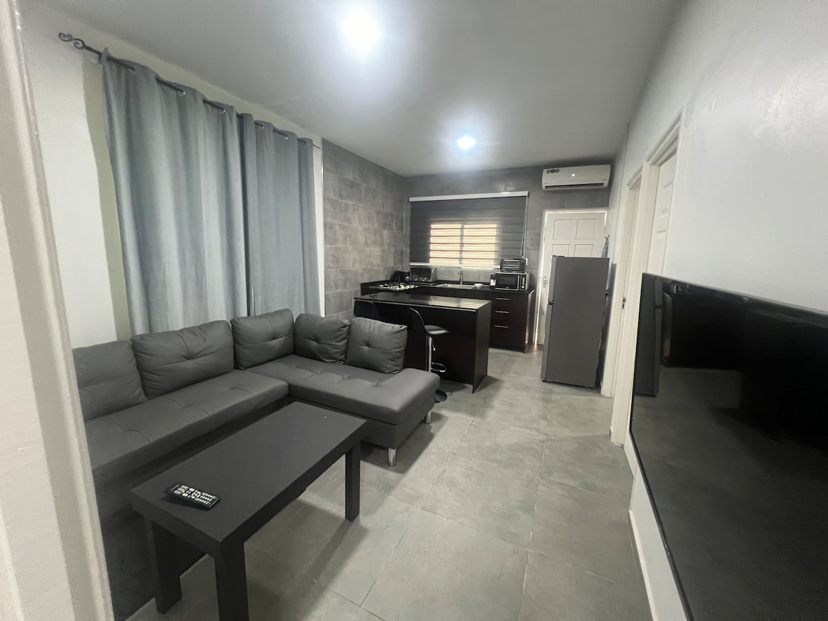 The living area features a dark sectional sofa arranged around a low coffee table. Soft natural light filters through a window with blinds, illuminating the space. A modern kitchenette is visible in the background, alongside a fridge and flat-screen television mounted on the wall.