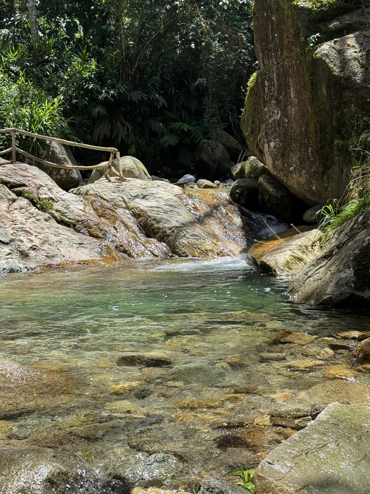 Clear water flows gently over smooth stones in a serene setting. Lush greenery surrounds the area, with large rocks partially covered in moss. The natural landscape invites relaxation and offers an intimate connection with nature.