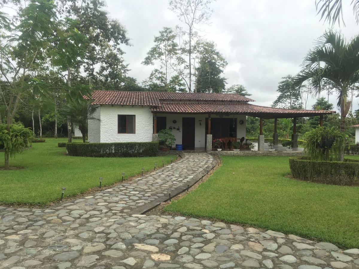 A path made of cobblestones leads to a single-story house with a red-tiled roof. Surrounding greenery includes manicured hedges and various trees, enhancing the natural landscape.