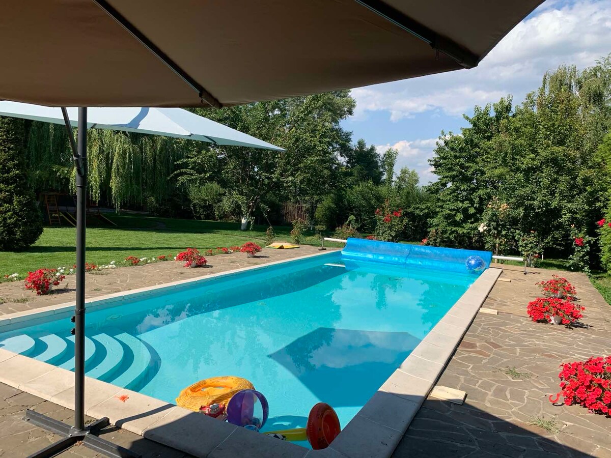 A well-maintained pool area is framed by vibrant flowers and greenery. The blue water contrasts with the light stone surface, while colorful pool floats are scattered throughout. A shaded area is provided by a large umbrella, creating a comfortable spot for relaxation.