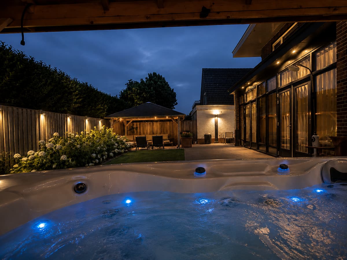 De verwarmde jacuzzi in de tuin