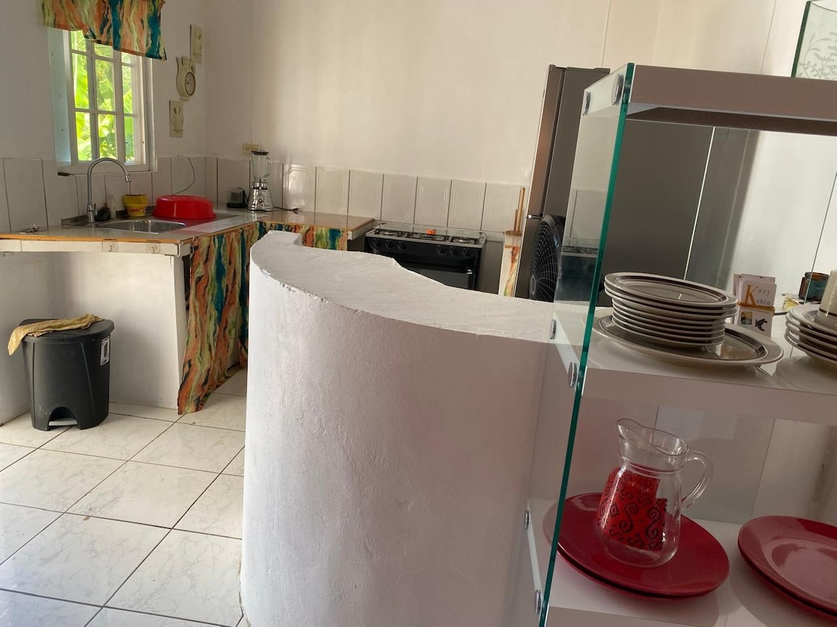 An open kitchen space is visible, featuring a curved counter and a gas stove. Shelves display colorful plates and a glass pitcher. Natural light filters through the window, enhancing the inviting ambiance of the room.